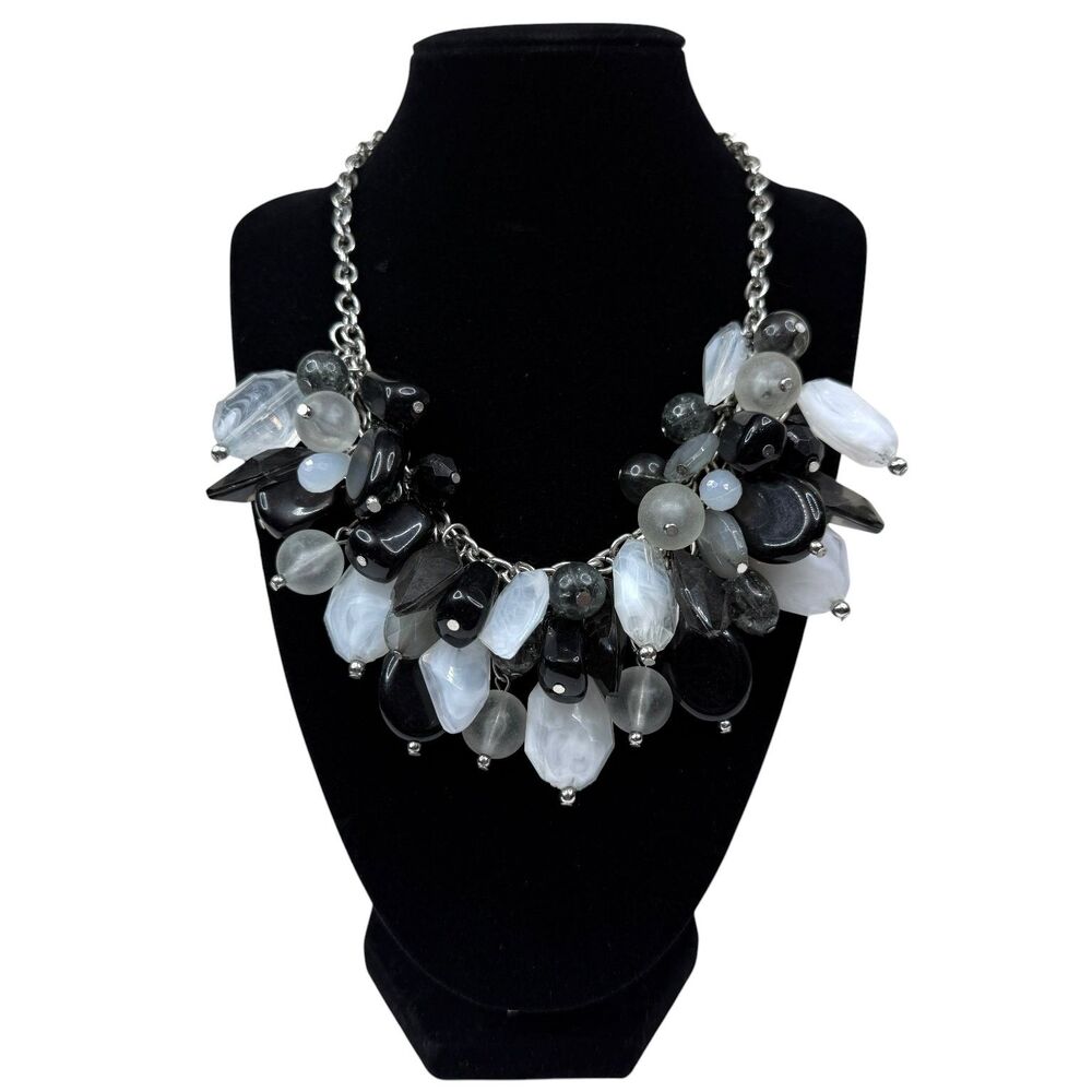 Chunky Statement Necklace Black White Gray Clear Acrylic Beaded Silver Tone 17"